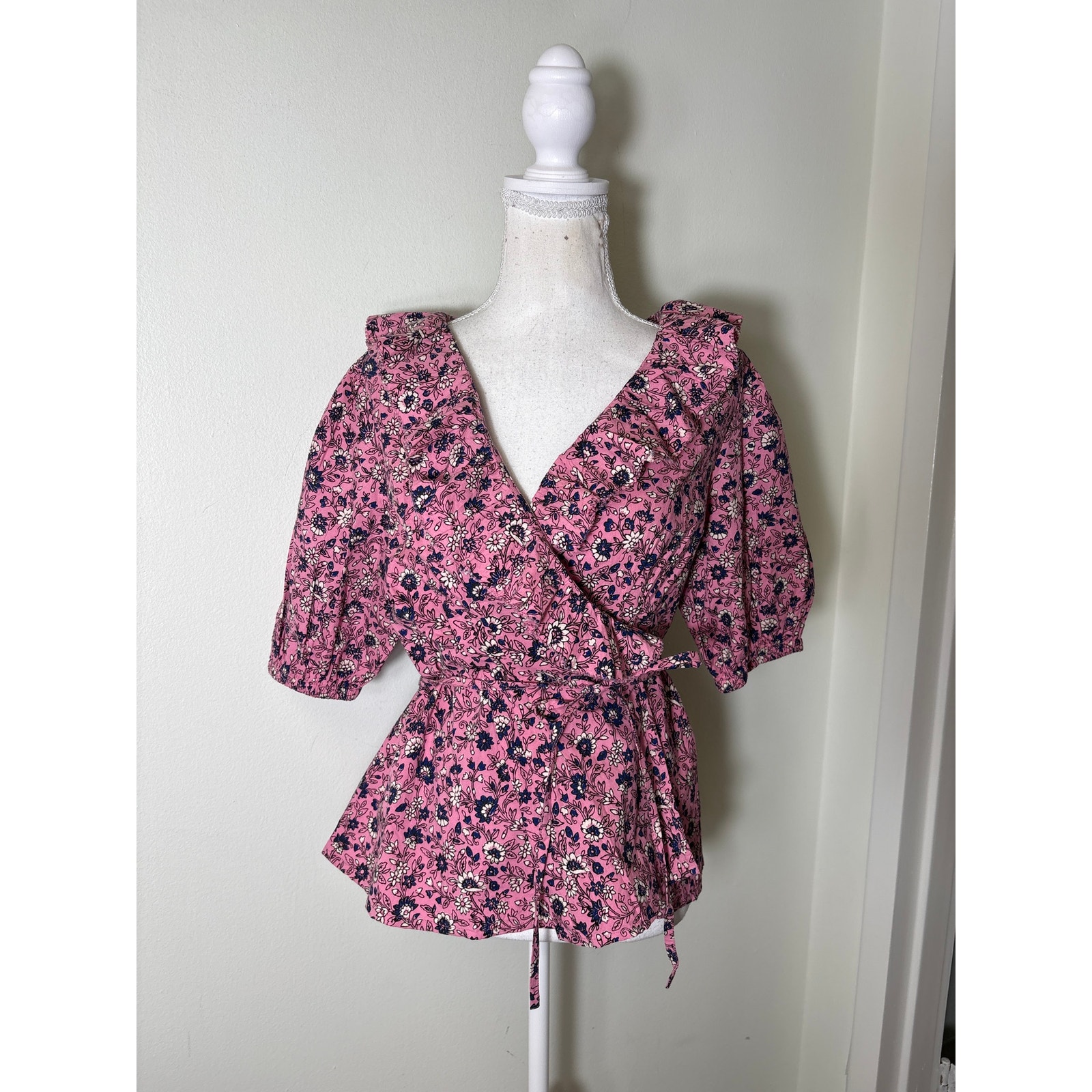 Roller Rabbit Pink Navy Half Sleeve Cotton Wrap Shirt Sz S